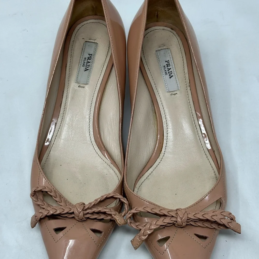 Prada Rose Patent Leather Braided Bow Kitten Heels Size 37 - Picture 2 of 13